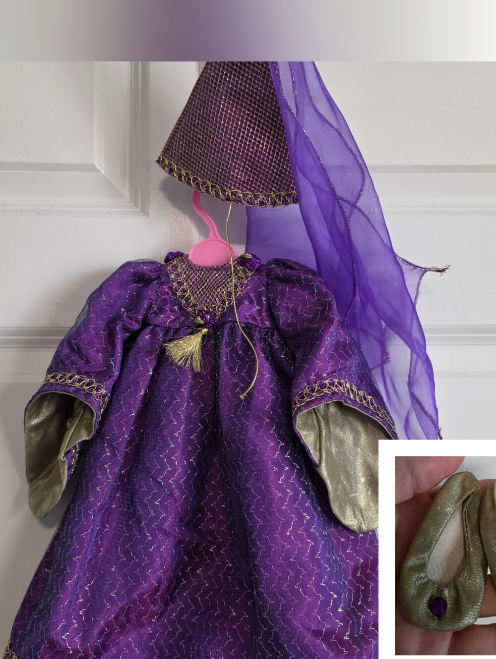 Purple gold Princess dress 18in american girl doll size with Pointed Hat & shoes